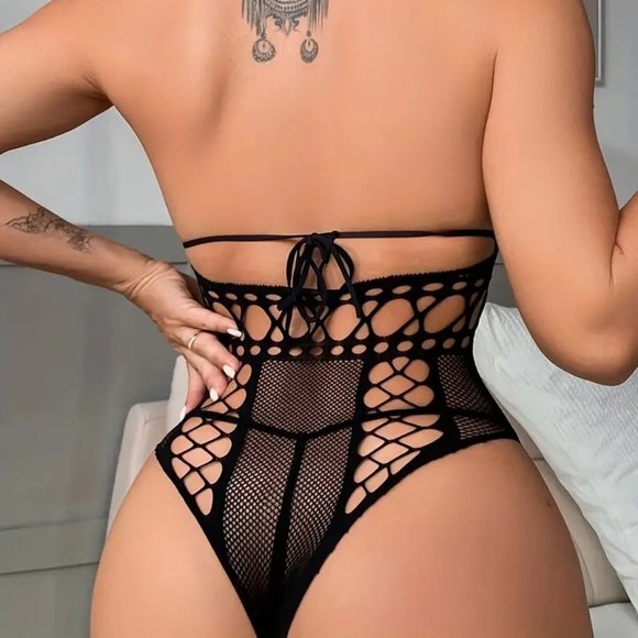 Sexy Fishnet Bodysuit Teddy Black Lingerie Halter Stretchy Cosplay Role play NEW - Picture 3 of 4
